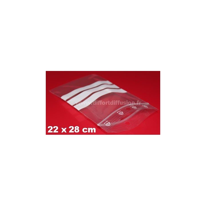 500 sachets Zip 220x280 mm avec bandes blanches + trous de suspension 